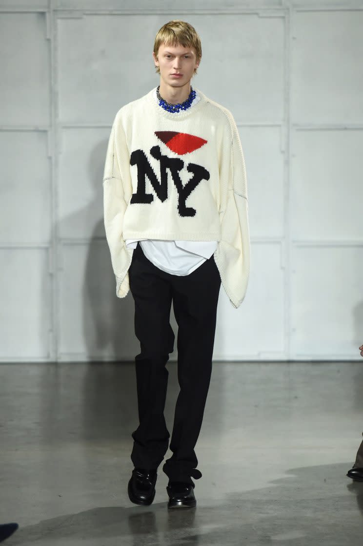 “Raf ❤ NY”: A model walks the runway at the Raf Simons fashion show during NYFWM. (Photo Getty Images)