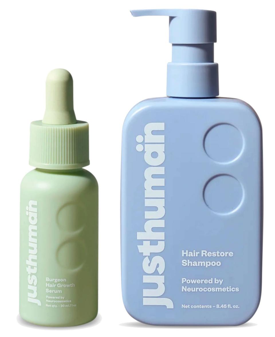 a green and a blue bottle of shampoo and serum