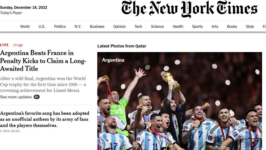 El New York Times hizo eco del triunfo argentino y su tercera Copa del Mundo.