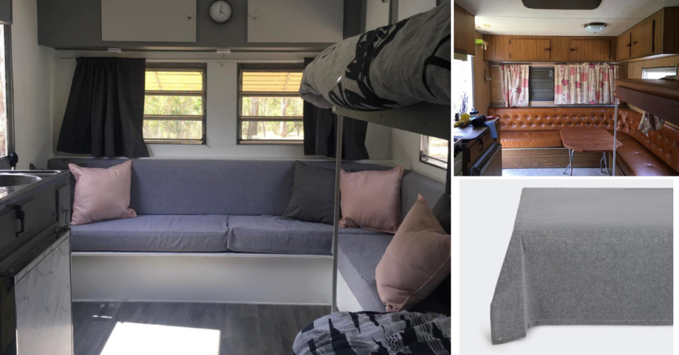 Kasey has also used a Kmart tablecloth to recover her caravan sofas. Pictures show before and after shots of the caravan. It began with brown leather-look seats but now has purple covers. Third picture shows the tablecloth used as fabric.