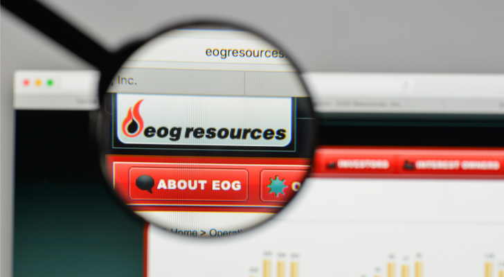 Logo EOG Resources na domovské stránce webu. akcie EOG.