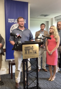  Senate Republican Minority Leader Trey Stewart (R-Aroostook) speaks at a press conference in Augusta on June 18. (Maine Senate Republicans Facebook)