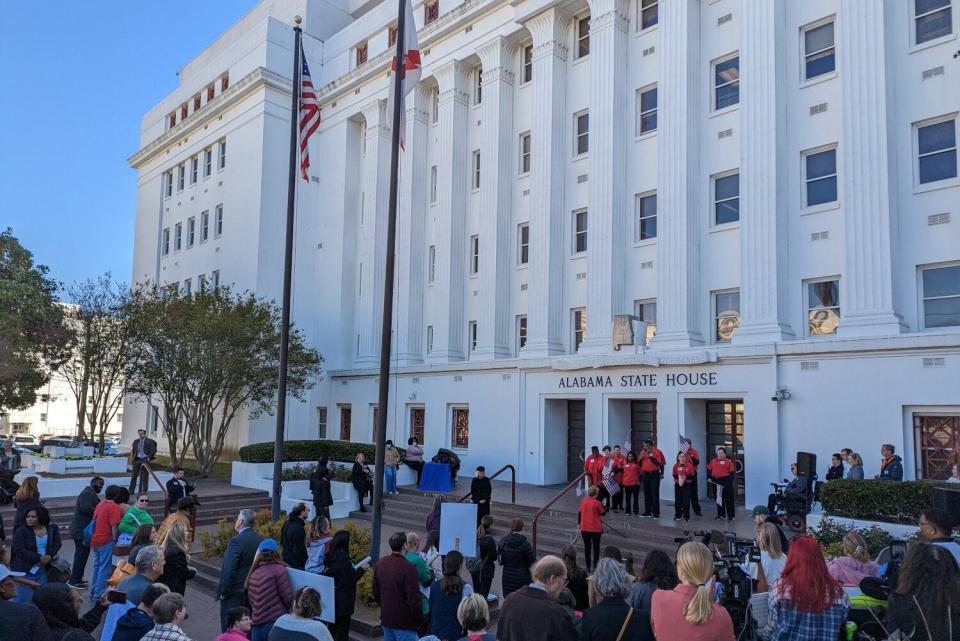 Protesters gather in front of the Alabama State House to advocate for The Colby Act, which would create an alternative to guardianships, on March 15, 2023. (Alander Rocha/Alabama Reflector)