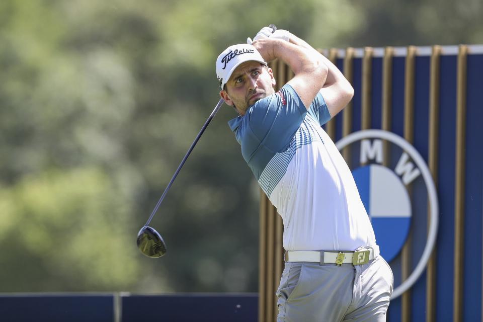 Germany's Nicolai von Dellingshausen tees off during the German International Open golf tournament at Golfclub Muenchen Eichenried in Munich, Germany, Thursday, June 23, 2022. (Christian Kolbert/dpa via AP)