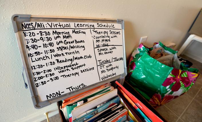 A weekly schedule for Malik Gordon&#x002019;s virtual learning hangs near his study area in his home on Thursday, Aug. 20, 2020.