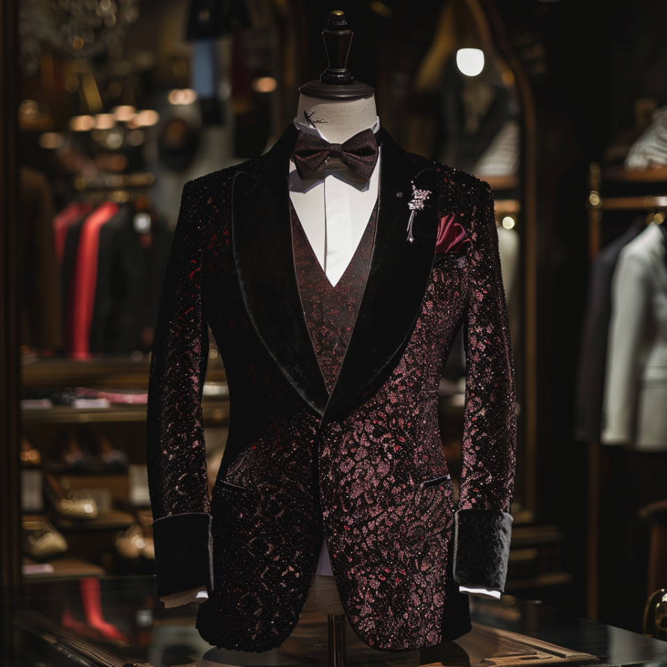 Mannequin dressed in an ornate tuxedo with a bow tie and lapel pin, displayed in a boutique setting