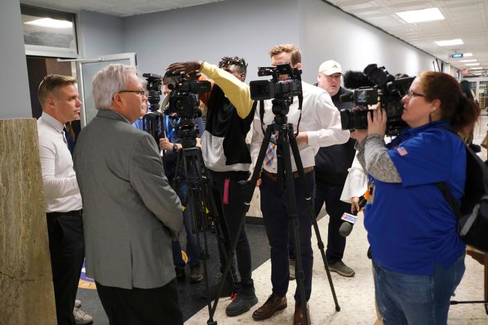 Former Oklahoma County jail administrator Greg Williams speaks to reporters during a jail trust meeting.