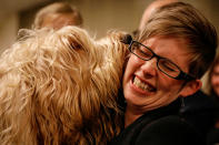 <p>An otterhound named Willie Nelson licks a guest backstage before judging at The 142nd Westminster Kennel Club Dog Show in New York, Feb. 12, 2018. (Photo: Brendan McDermid/Reuters) </p>