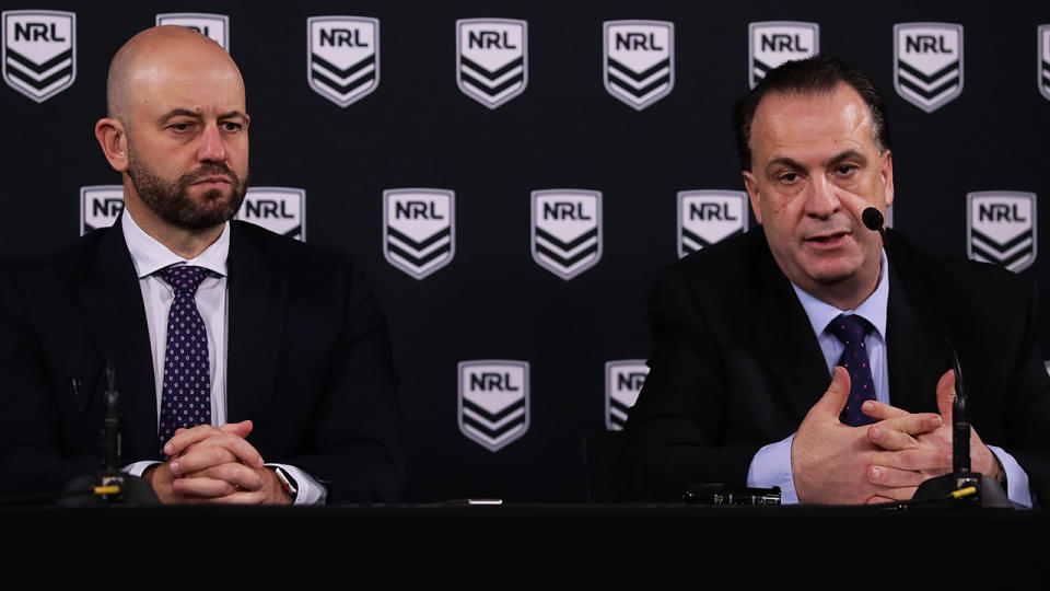 Todd Greenberg and Peter V'landys, pictured here addressing the media in Sydney.