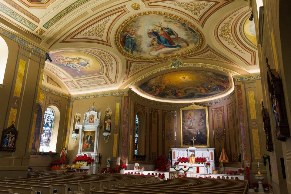 The interior of the Basilica of the Sacred Heart of Jesus, also known as the Conewago Chapel, is seen after it was recently restored to how the chapel looked in the late 1800s, Thursday, Jan. 4, 2024, in Conewago Township.