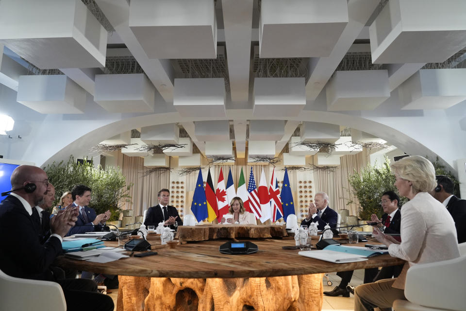 From left, European Council President Charles Michel, German Chancellor Olaf Scholz, Canada's Prime Minister Justin Trudeau, French President Emmanuel Macron, Italian Prime Minister Giorgia Meloni, U.S. President Joe Biden, Japan's Prime Minister Fumio Kishida, Britain's Prime Minister Rishi Sunak and European Commission President Ursula von der Leyen participate in a working session at the G7, Thursday, June 13, 2024, in Borgo Egnazia, Italy. (AP Photo/Alex Brandon, Pool)