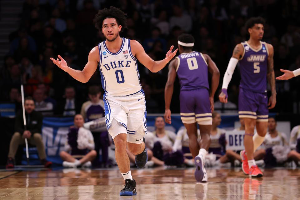 Duke guard Jared McCain (0) reacts after a basket against James Madison during the second round of the 2024 NCAA men's tournament at Barclays Center.