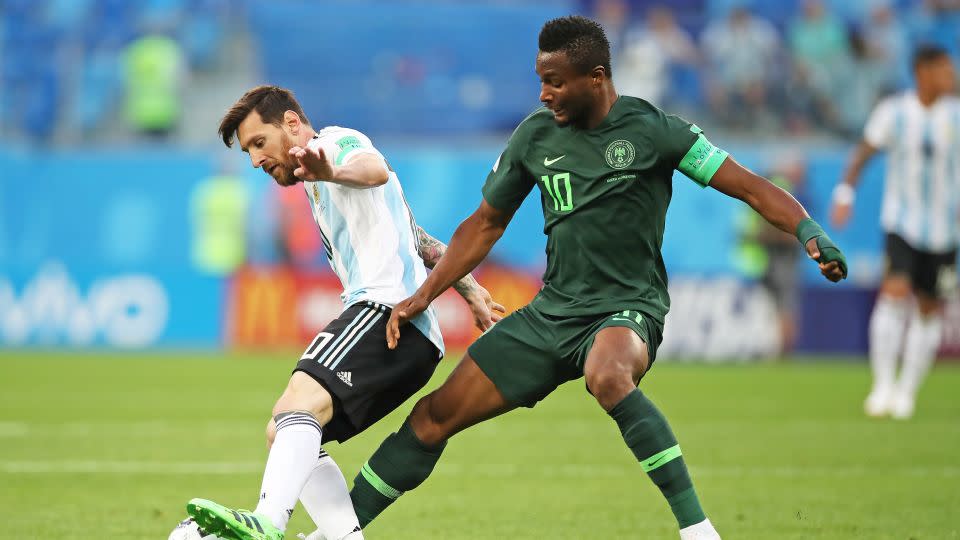 Obi vies with Messi for the ball during Nigeria's 2018 World Cup clash against Argentina. - Ian MacNicol/Getty Images