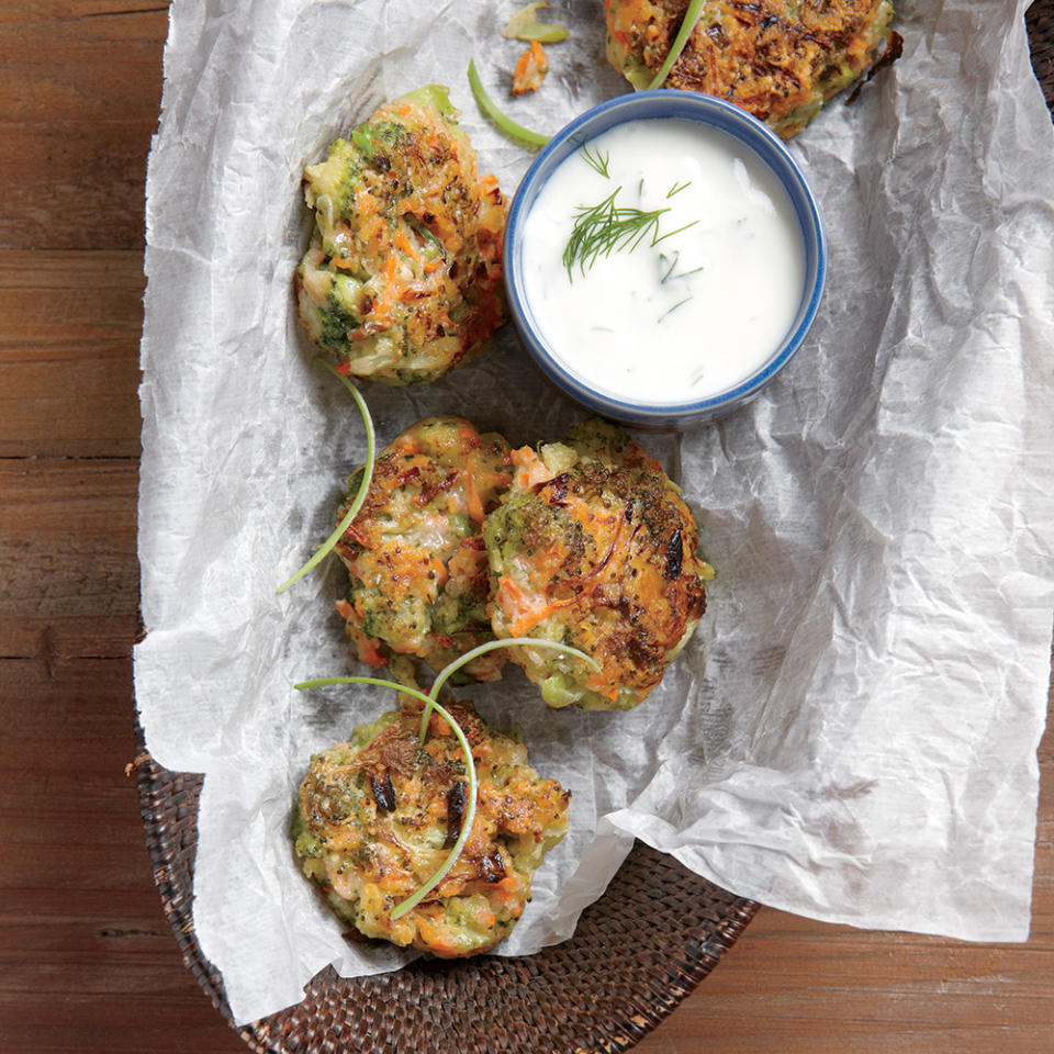 Crispy Broccoli-Carrot Fritters with Yogurt-Dill Sauce