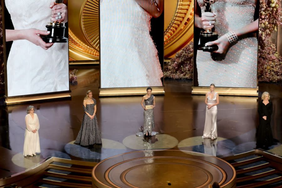 HOLLYWOOD, CALIFORNIA – MARCH 10: (L-R) Sally Field, Jennifer Lawrence, Michelle Yeoh, Charlize Theron and Jessica Lange speak onstage during the 96th Annual Academy Awards at Dolby Theatre on March 10, 2024 in Hollywood, California. (Photo by Kevin Winter/Getty Images)