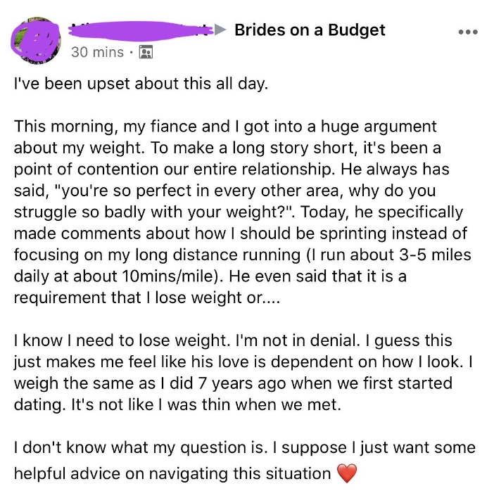 fiance getting onto the bride about her weight