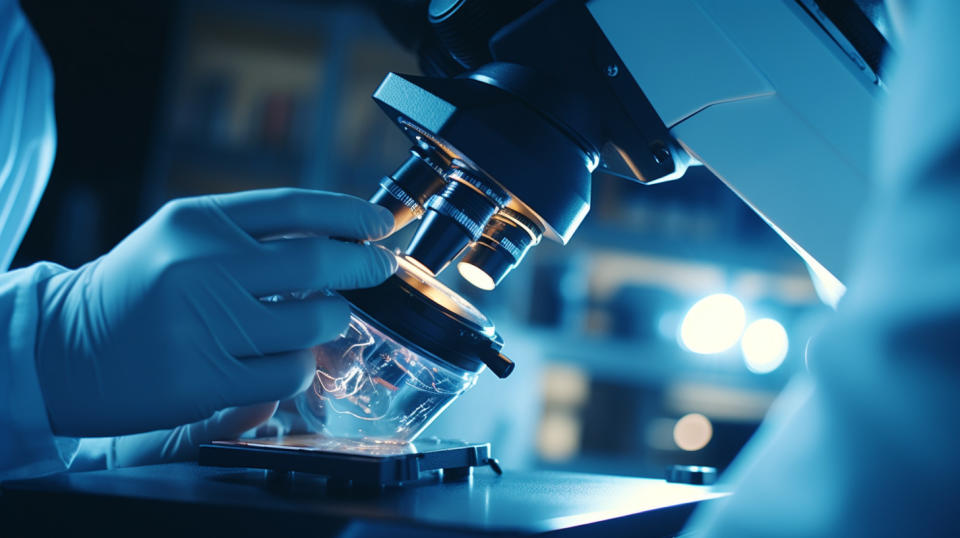 A close-up of a scientist's hands manipulating a high-powered microscope to view cells.