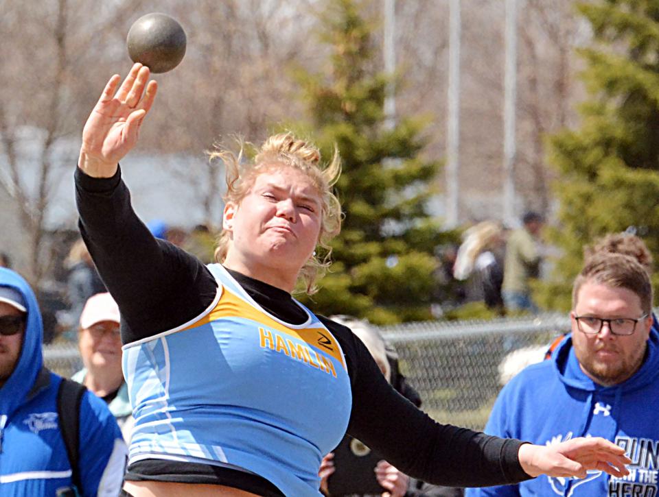 Hamlin's Gracelyn Leiseth releases the shot put during the Pat Gilligan Alumni track and field meet on Tuesday, April 25, 2023 in Estelline.