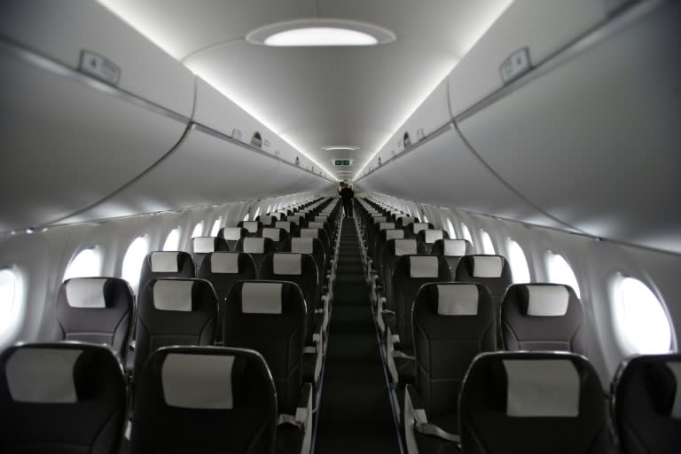 The larger than average seats are pictured inside the The Bombardier CS100 passenger jet on the opening day of the Farnborough Airshow, south west of London, on July 11, 2016