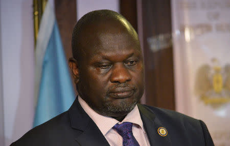 South Sudan First Vice President Riek Machar attends a news conference at the Presidential State House following renewed fighting in South Sudan's capital Juba, July 8, 2016. Picture taken July 8, 2016. REUTERS/Stringer