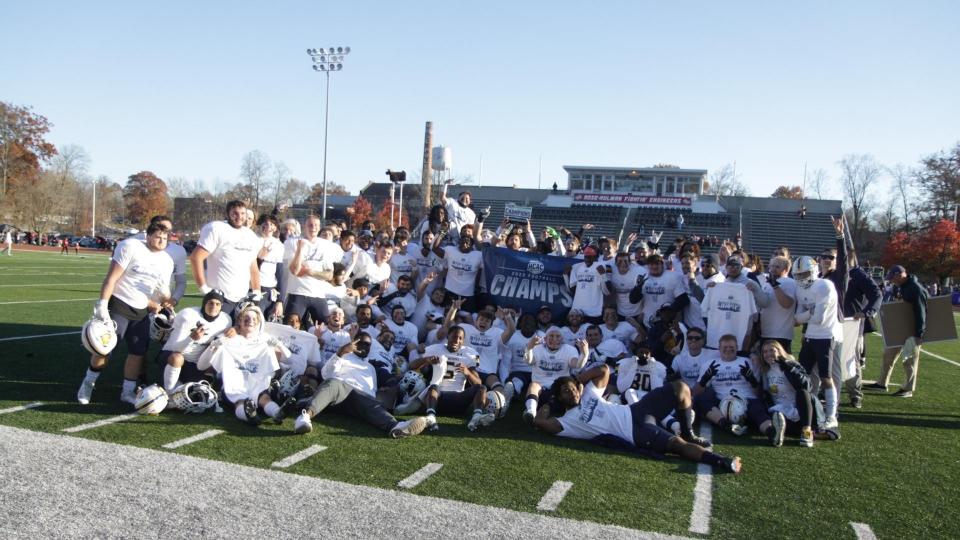 Mount St. Joseph football team celebrates its HCAC championship last week.