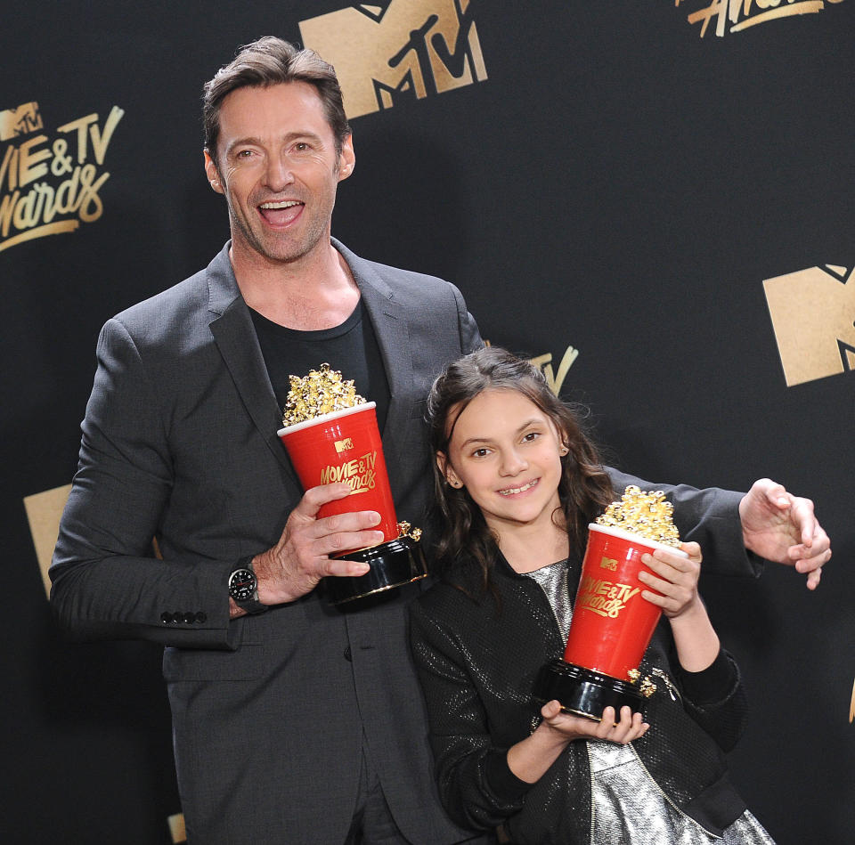 Hugh Jackman and Dafne Keen poses in the press room at the 2017 MTV Movie and TV Awards at The Shrine Auditorium on May 7, 2017 in Los Angeles, California.&nbsp;