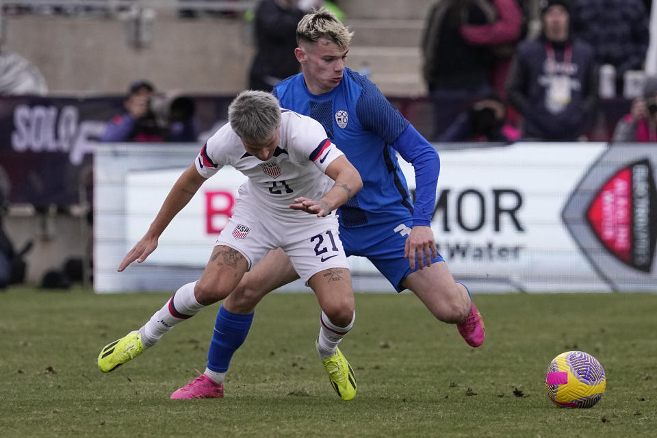 United States defender John Tolkin (21) and Slovenia defender Srdan. Kuzmic (3) battle for control of the ball during the second half of an international friendly soccer match in San Antonio, Saturday, Jan. 20, 2024. (AP Photo/Eric Gay)