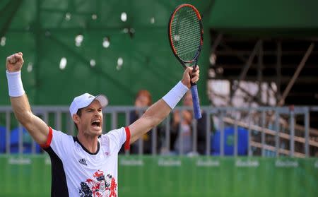 2016 Rio Olympics - Tennis - Quarterfinal - Men's Singles Quarterfinals - Olympic Tennis Centre - Rio de Janeiro, Brazil - 12/08/2016. Andy Murray (GBR) of Britain celebrates after winning his match against Steve Johnson (USA) of USA. REUTERS/Toby Melville