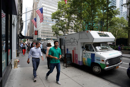 An RV converted into a mobile meditation studio called Calm City is pictured in the Manhattan borough of New York City, New York, U.S. July 26, 2017. REUTERS/Carlo Allegri