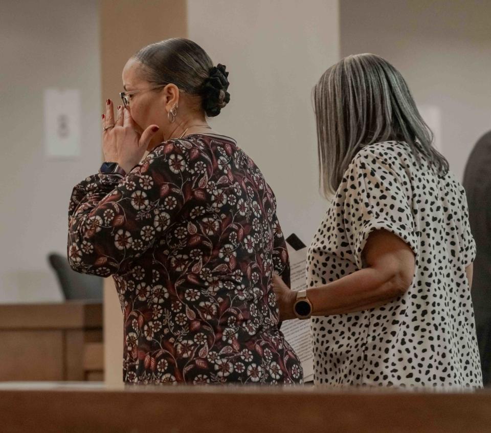 L-R Vicki Scott and her sister Donna Walcott in Monmouth County Superior Court after reading Scott's impact statement at the sentencing of Vernon Sanders in the killing of Scott's son Denzel Morgan-Hicks.