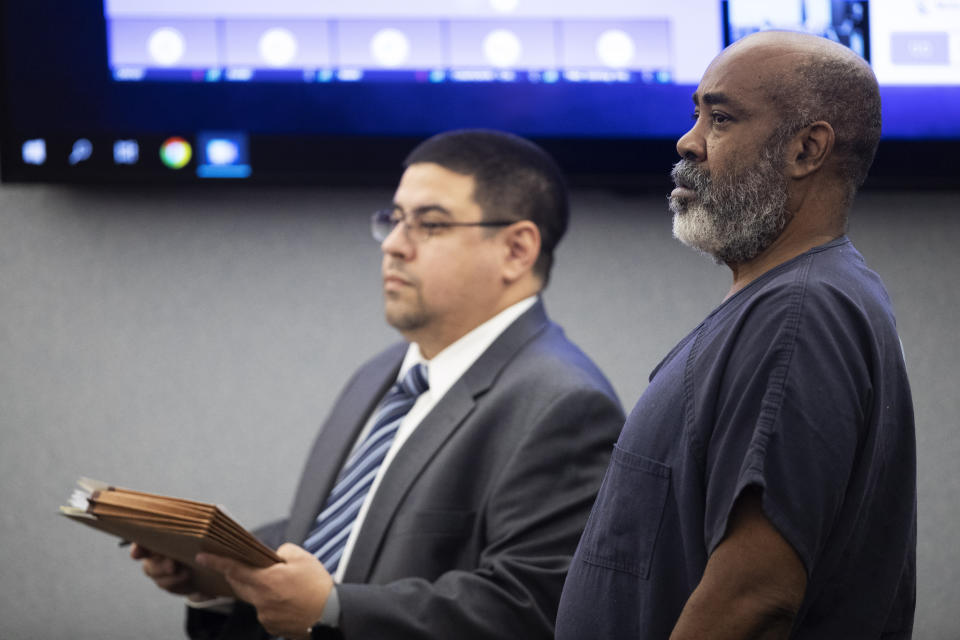 Defense attorney Robert Arroyo, left, stands by Duane "Keffe D" Davis as Davis makes an appearance in Clark County District Court Tuesday, Nov. 7, 2023, in Las Vegas. Davis was arrested in September and has pleaded not guilty to murder in the 1996 killing of rapper Tupac Shakur. (Steve Marcus/Las Vegas Sun via AP, Pool)