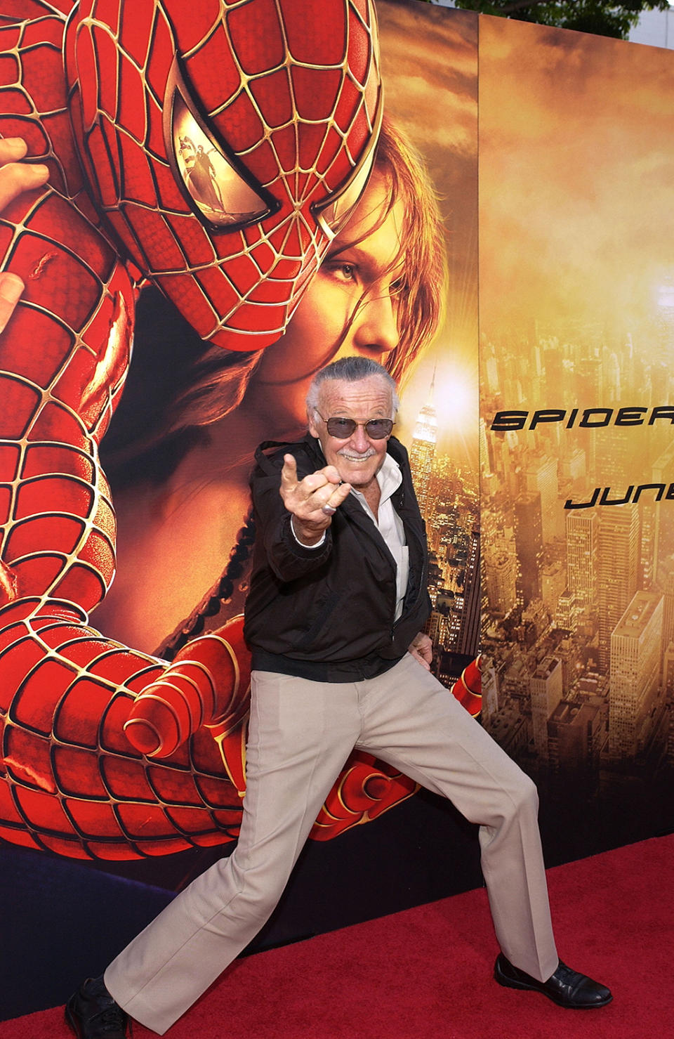 <p><em>Spider-Man</em> co-creator Stan “The Man” Lee shows off his web-throwing prowess at the <em>Spider-Man 2</em> premiere.(Photo: Vince Bucci/Getty Images) </p>