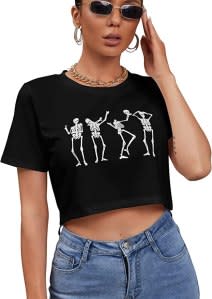 BORIFLORS Women's Halloween Funny Skeleton Crop Tee