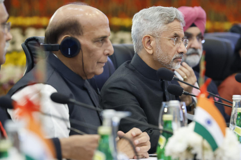 India's Foreign Minister Subrahmanyam Jaishankar, right, and Defense Minister Rajnath Singh attend the so-called "2+2 Dialogue" with U.S. Secretary of State Antony Blinken and Defense Secretary Lloyd Austin at the foreign ministry in New Delhi, India, Friday, Nov. 10, 2023. (Jonathan Ernst/Pool Photo via AP)