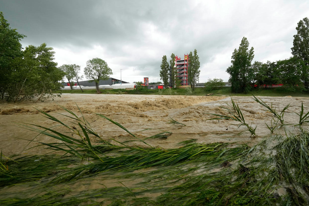 A view of the swollen Santerno River with behind the Enzo e Dino Ferrari circuit, in Imola, Italy, on May 17, 2023.