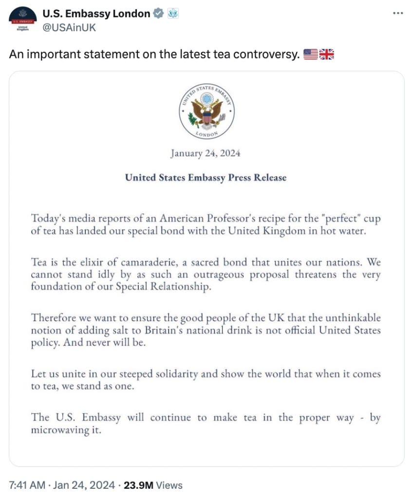 After backlash from the Brits, the US Embassy weighed in on the tea debacle.