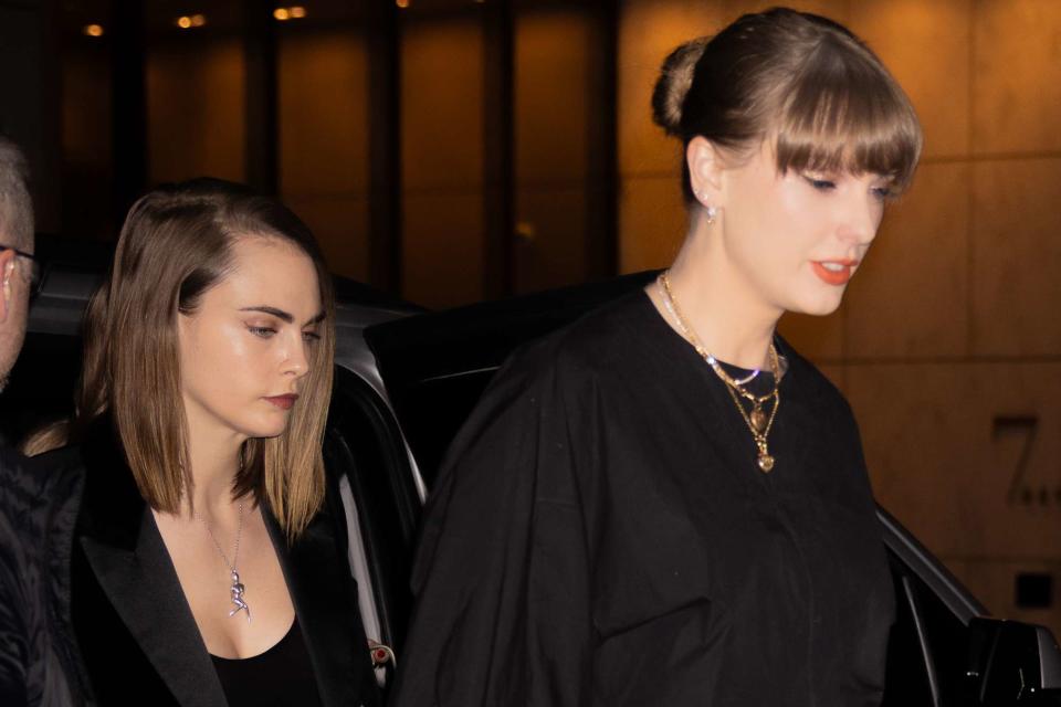 <p>WavyPeter/SplashNews</p> Cara Delevingne and Taylor Swift in New York City on Jan. 23, 2024