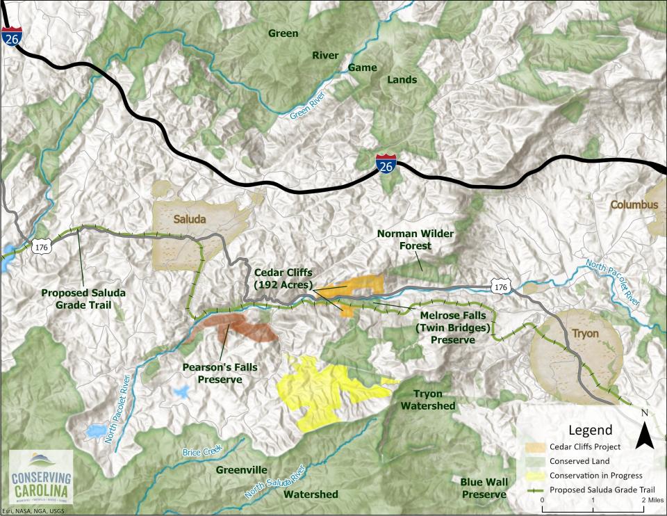 A map shows the property in Polk County that Conserving Carolina is wanting to purchase to make it a future land preserve.