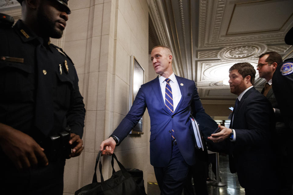 FILE - In this Nov. 21, 2019, file photo Rep. Sean Patrick Maloney, D-N.Y., carries a bag as he leaves the House Intelligence Committee on Capitol Hill in Washington. Maloney takes over the Democratic Congressional Campaign Committee in January 2021, following an unexpectedly dismal election that saw 12 of the party's incumbents defeated and another still trailing narrowly. (AP Photo/Jacquelyn Martin, File)