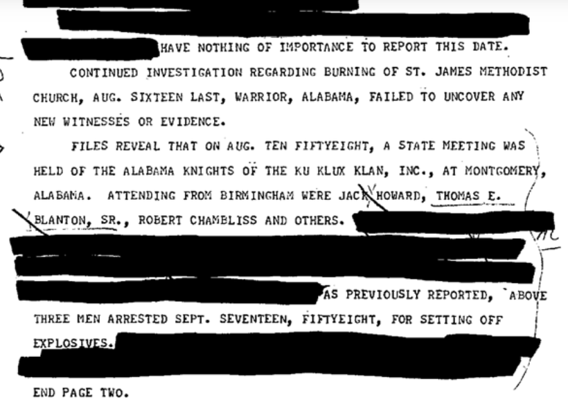 Excerpt from FBI file on 16th Street Baptist Church bombings