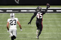 Atlanta Falcons linebacker Deion Jones (45) runs toward the end zone for a touchdown against the Las Vegas Raiders after his interception during the second half of an NFL football game, Sunday, Nov. 29, 2020, in Atlanta. (AP Photo/John Bazemore)