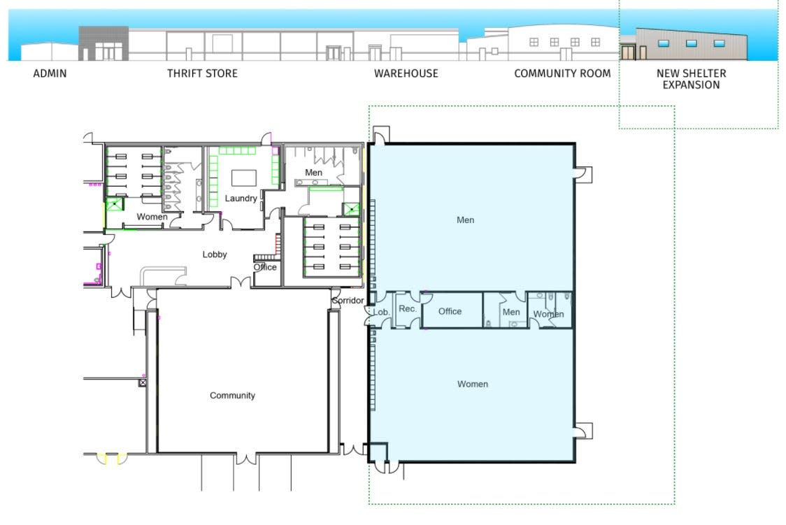 An anticipated expansion at the Galilee Center is highlighted in blue. The nonprofit organization helps house the working poor and other communities in need in the eastern Coachella Valley.