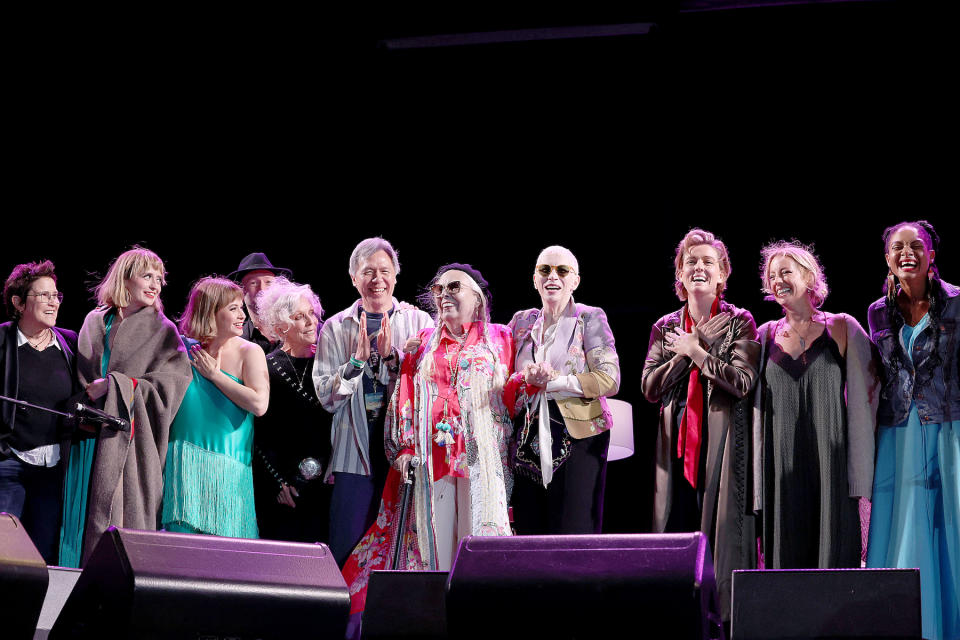 GEORGE, WASHINGTON - JUNE 10: (L-R) Wendy Melvoin, Holly Laessig, Jess Wolfe, Marcy Gensic, Sauchuen Yu, Joni Mitchell, Annie Lennox, Brandi Carlile, Sarah McLachlan and Allison Russell perform in concert during "Joni Jam" honoring Joni Mitchell at Gorge Amphitheatre on June 10, 2023 in George, Washington. (Photo by Gary Miller/Getty Images)