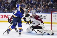 Apr 1, 2019; St. Louis, MO, USA; Colorado Avalanche goaltender Philipp Grubauer (31) makes a save against St. Louis Blues center Robert Thomas (18) during the third period at Enterprise Center. Mandatory Credit: Jeff Curry-USA TODAY Sports