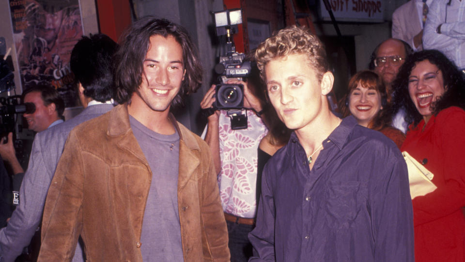 Alex Winter and Keanu Reeves attend the premiere of "Bill and Ted's Bogus Journey" on July 18, 1991 at the Mann Chinese Theater in Hollywood, California, California. (Photo by Ron Galella/Ron Galella Collection via Getty Images)