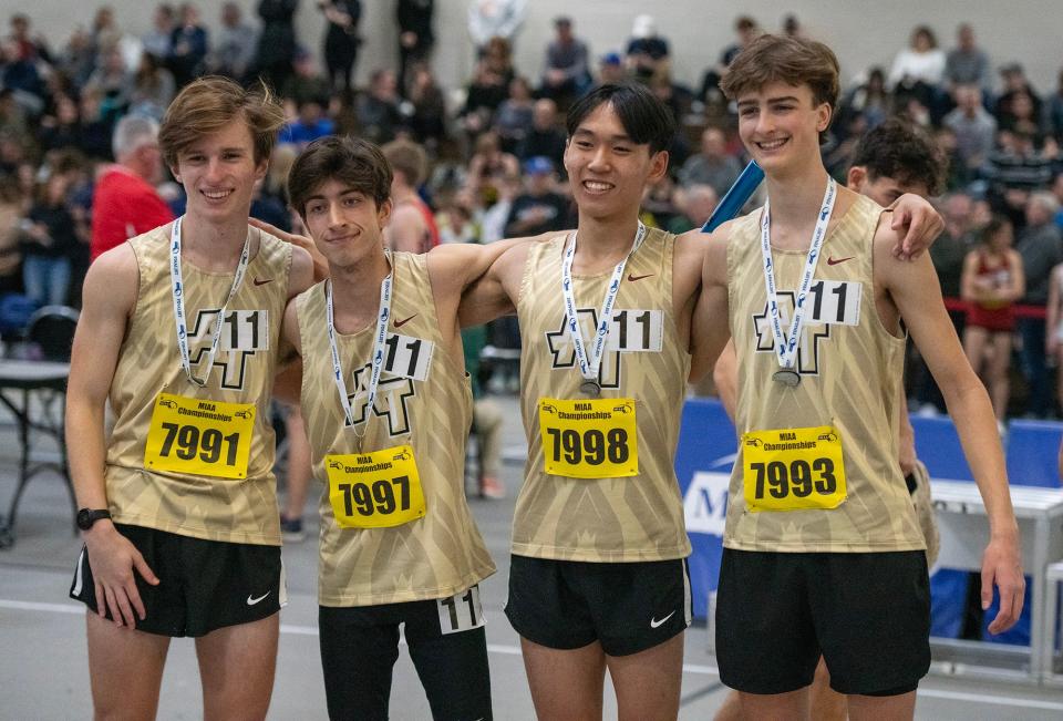 BOSTON - Algonquin’s 4x800 relay team placed second during the indoor track and field championship Saturday at the Reggie Lewis Center. They are, left to right, Jonah Gould, Stephen White, Matthew Zhang, and Christopher Kardos.