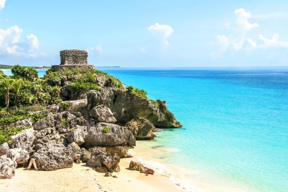 Mayan ruins and blue ocean of the beach town of Tulum in Mexico