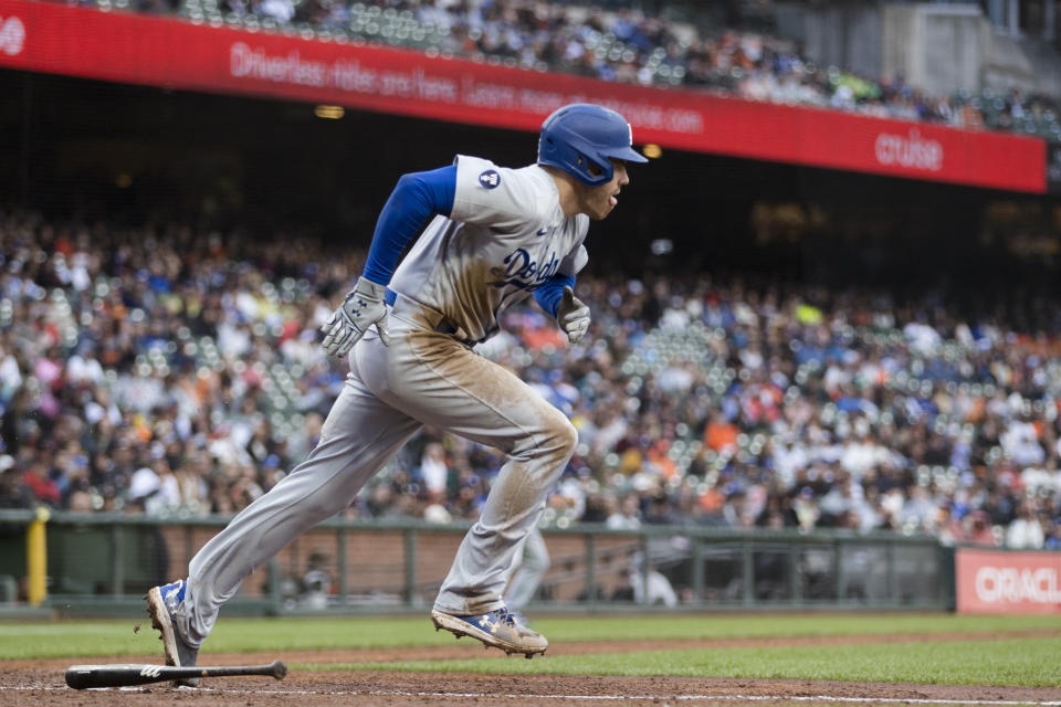 Los Angeles Dodgers' Freddie Freeman watches his RBI single against the San Francisco Giants during the sixth inning of a baseball game in San Francisco, Sunday Sept. 18, 2022. (AP Photo/John Hefti)