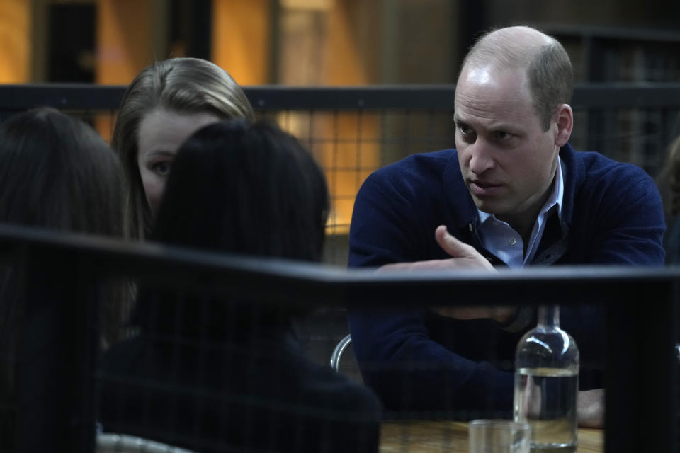 Britain's Prince William meets with groups of young Ukrainian refugees, who since fleeing the war have settled in Warsaw, Poland, Thursday, March 23, 2023. (AP Photo/Czarek Sokolowski)