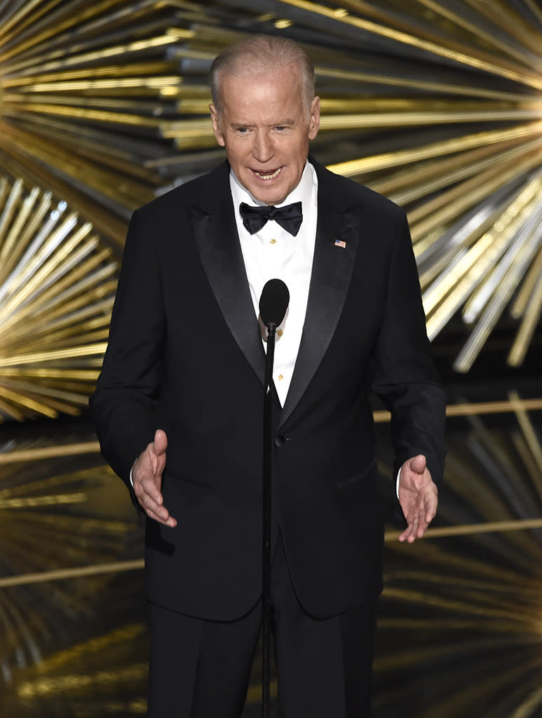 Vice President Joe Biden introduces a performance by Lady Gaga at the Oscars on Sunday, Feb. 28, 2016, at the Dolby Theatre in Los Angeles. 